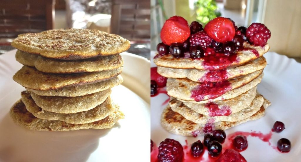 Panquecas com frutas vermelhas.